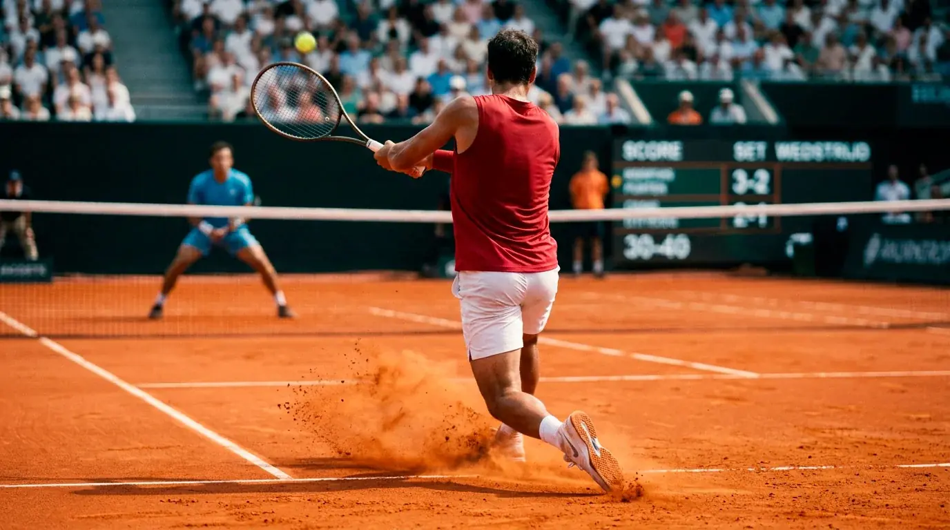 Twee toptennissers in actie op de gravelbaan van Roland Garros tijdens een vijfsetter onder middagzon