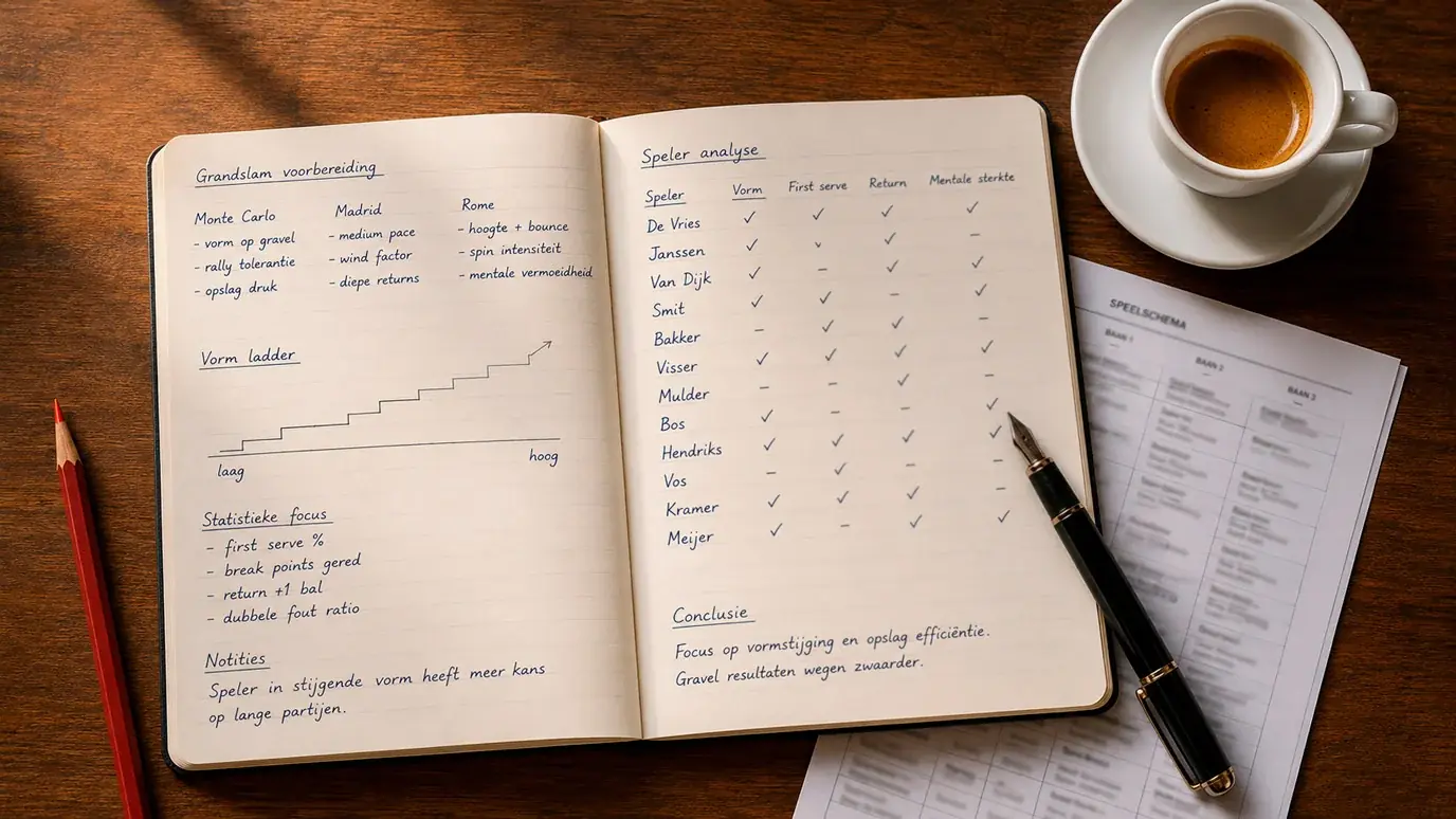 Open notitieboek met handgeschreven aantekeningen over vormcurves van tennissers op gravel naast een kop koffie en een pen
