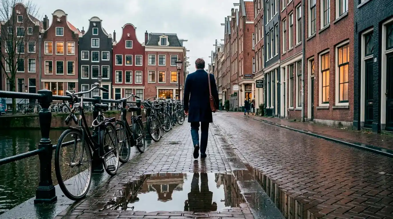Nederlandse straatscène met fietsen en een professionele kantooromgeving die de gereguleerde online weddenmarkt onder toezicht van de Kansspelautoriteit symboliseert